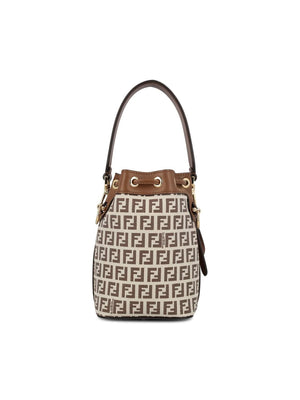FENDI Chic Mini Jacquard Bucket Bag with Leather Accents and Gold-Tone Hardware - Brown
