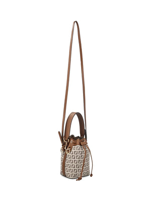 FENDI Chic Mini Jacquard Bucket Bag with Leather Accents and Gold-Tone Hardware - Brown