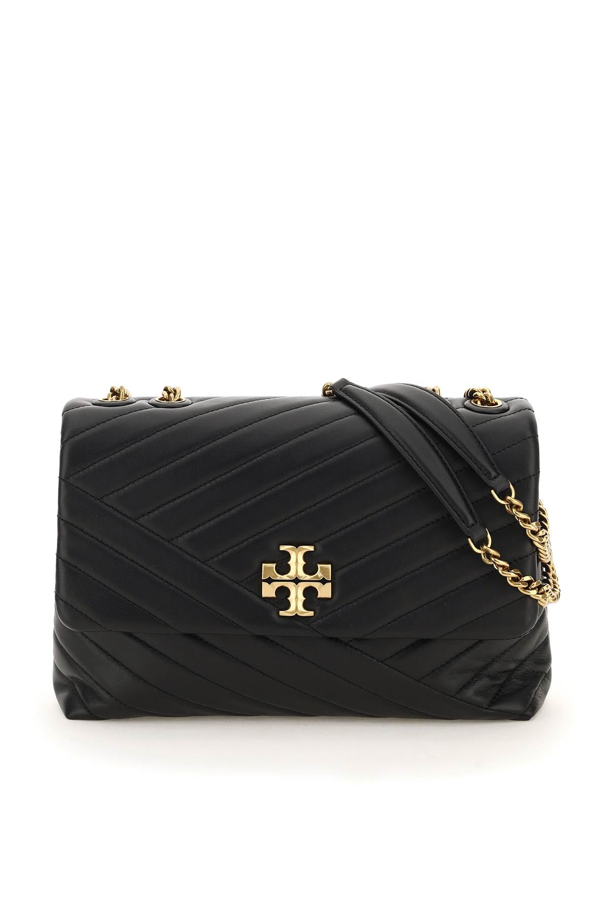TORY BURCH Black Chevron Matelassé Handbag for Women with Gold Monogram