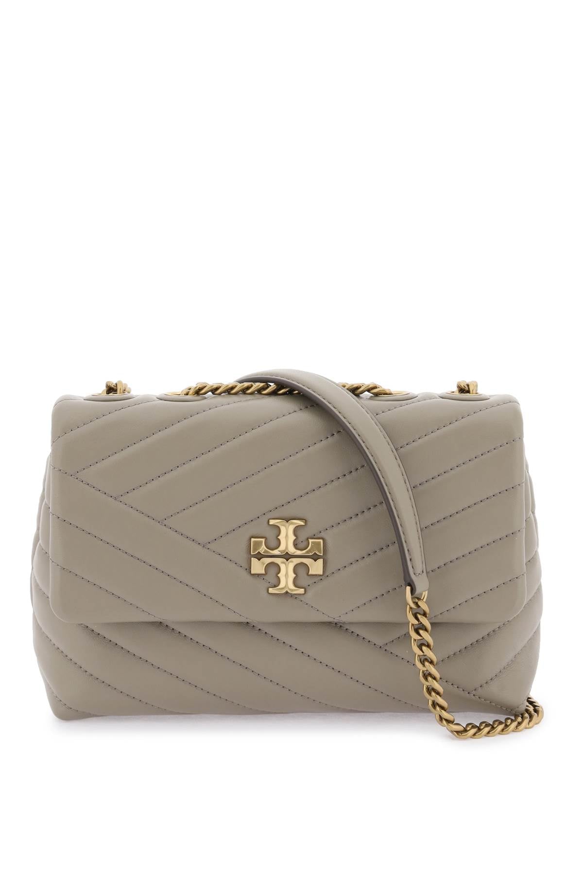 TORY BURCH Small Kira Chevron Quilted Leather Shoulder Bag in Gray with Iconic Metal Logo and Chain Strap