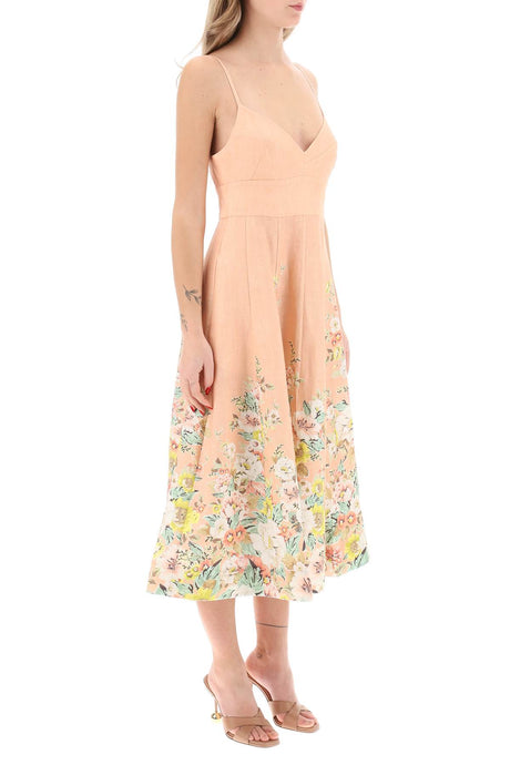ZIMMERMANN Floral Linen Midi Dress with Adjustable Straps and Pockets for Women