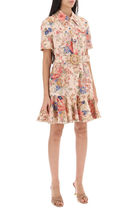 ZIMMERMANN Floral Mini Shirt Dress with Adjustable Belt in Linen