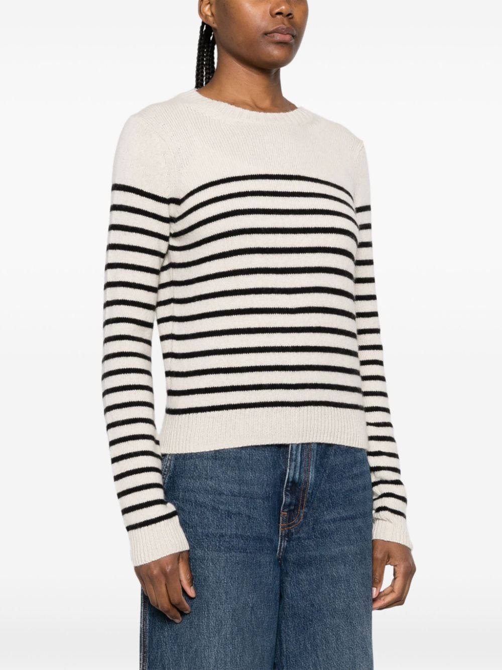 Elegant Women's Cashmere Sweater in Chic Beige and Black Stripes