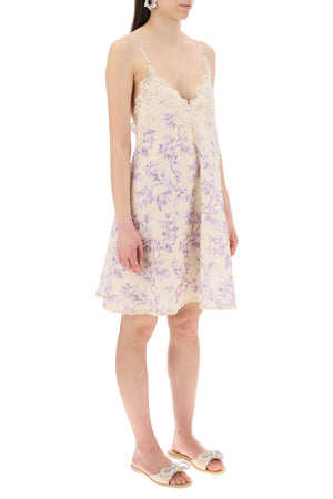ZIMMERMANN Floral Print Mini Linen Dress with Lace Trim in Cream Yellow