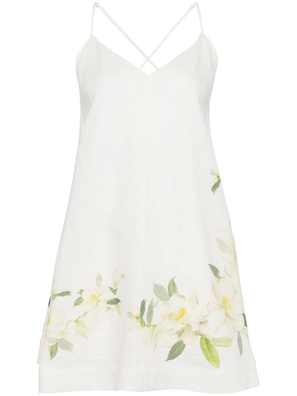 白い花柄リネンミニドレス - スウィートハートネック＆調節可能なストラップ