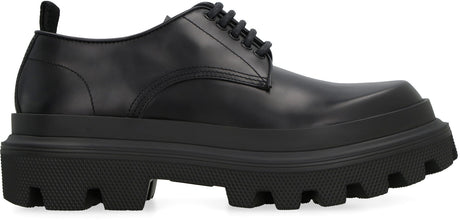 DOLCE & GABBANA Black Brushed Calfskin Derby Dress Shoes with Lace-Up Front for Men