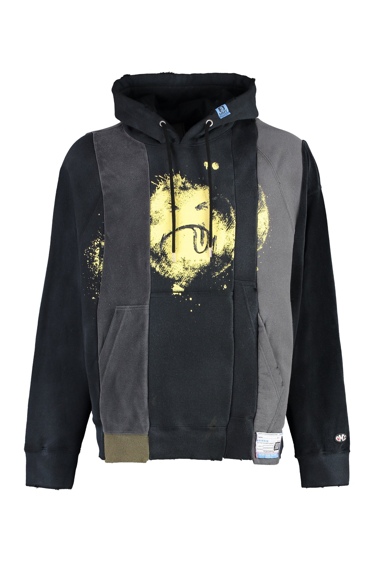 MAISON MIHARA YASUHIRO	 Men's Distressed Black Cotton Hoodie with Vintage Effect and Ribbed Edges