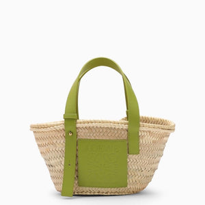 LOEWE Small Tan Raffia Tote Bag with Green Leather Accents from Paula's Ibiza Collection