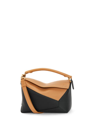 LOEWE Chic Mini Puzzle Calfskin Handbag in Tan with Embossed Anagram and Convertible Strap, 24x16.5x10.5 cm