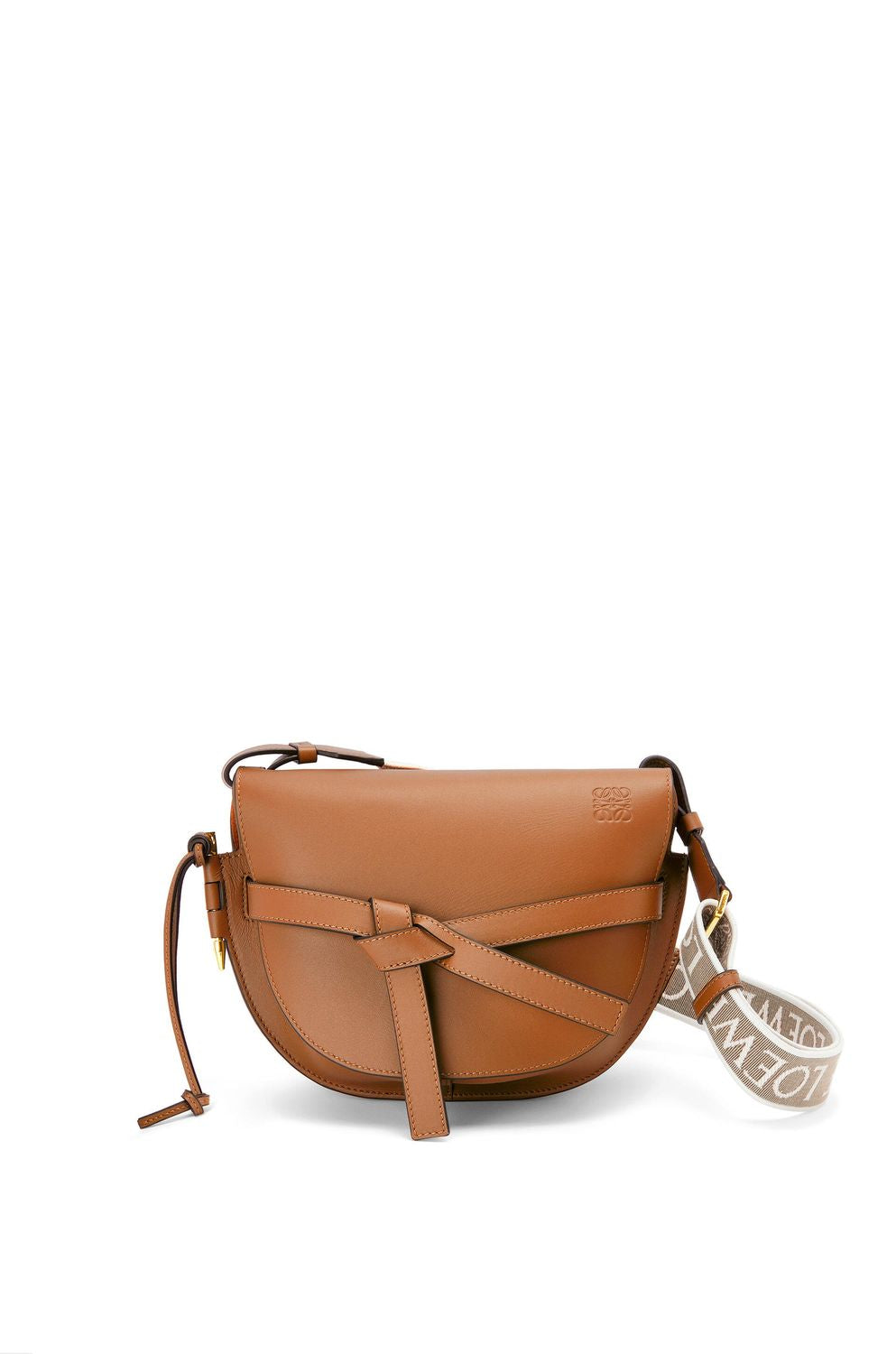 LOEWE Tan Calfskin Mini Gate Crossbody Handbag with Embossed Logo, Adjustable Strap, and Knot Detail - 25x19x11.5 cm