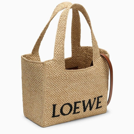 LOEWE Large Natural Raffia Tote Handbag with Adjustable Leather Strap and Silver Lettering Detail