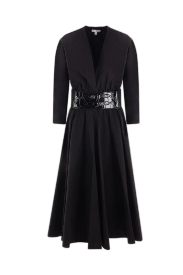 黒ポプリン クロスベルト ドレス - 3/4 袖、Vネック、一体型の伸縮性のあるレザーベルト