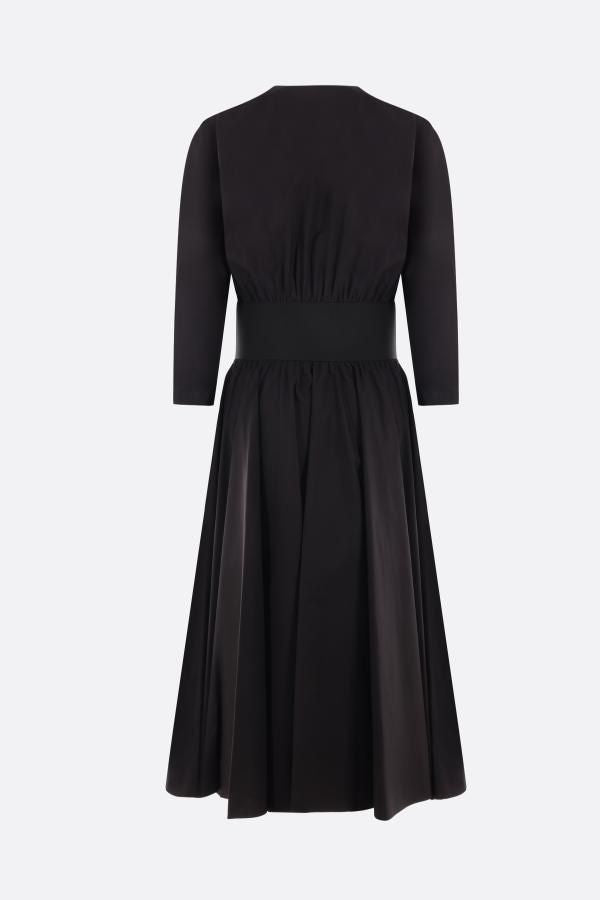 黒ポプリン クロスベルト ドレス - 3/4 袖、Vネック、一体型の伸縮性のあるレザーベルト