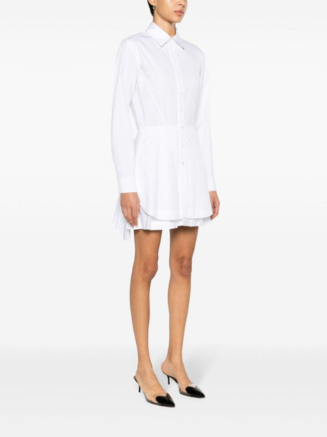 白色棉質襯衫連身裙-經典領子，珍珠母扣，合身腰身，雙層裙摺紋，長袖，大腿長度