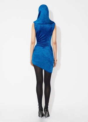 Bright Blue Shiny Velvet Mini Hood Dress for Women