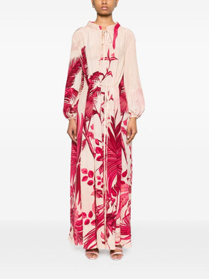 Floral Print Silk Long Dress with Puff Sleeves and Tie Neck for Women