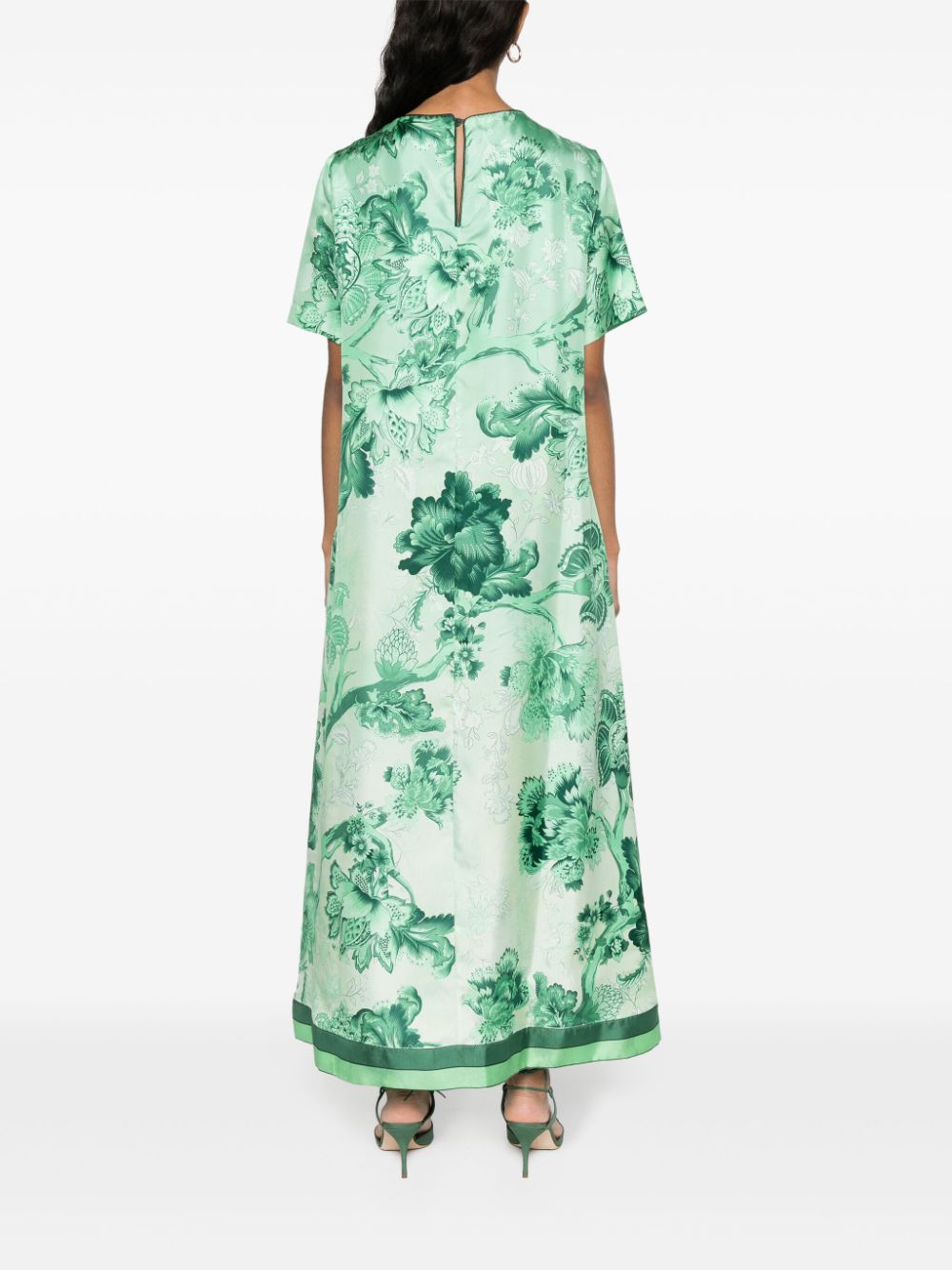 Green Floral Printed Silk Women's Long Dress