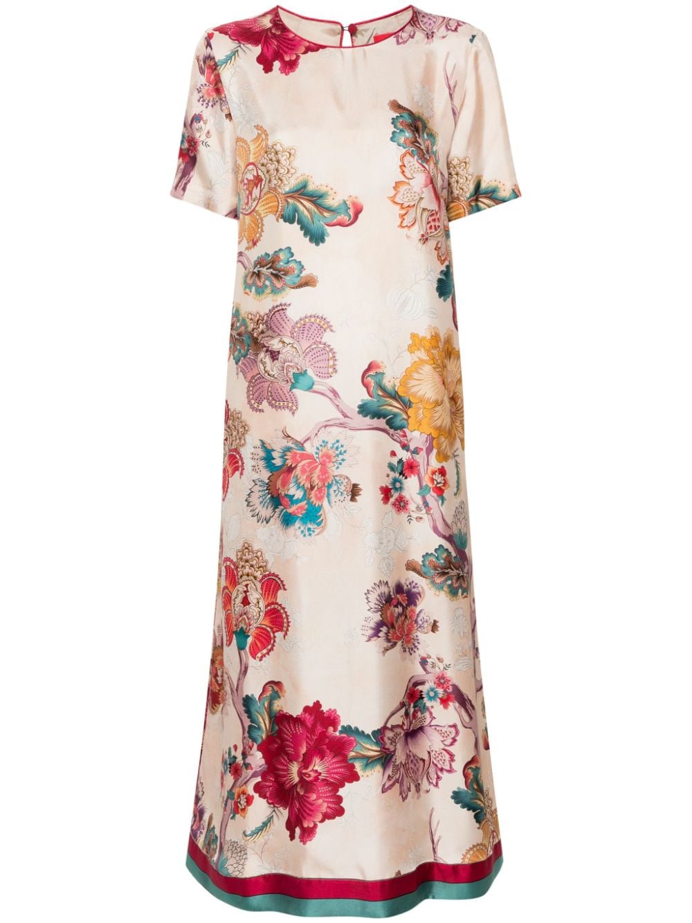 Pink Floral Print Silk Long Dress with Torchon Piping Detail and Short Sleeves