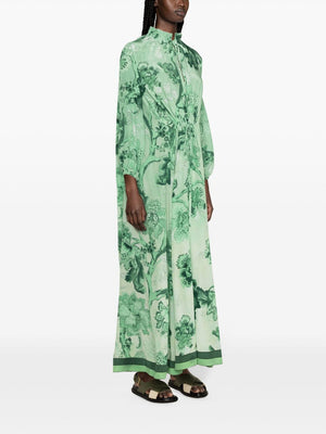 Green Floral V-Neck Silk Dress with Ruffle Collar and Drawstring Waist