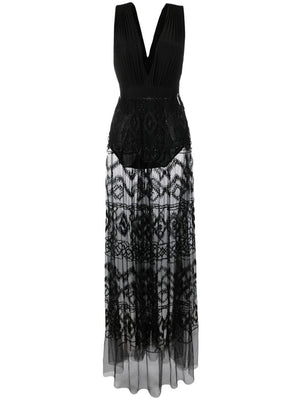 Sheer Pleated Long Dress with Crystal Detailing - Black