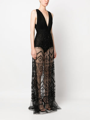 ELISABETTA FRANCHI Black Sheer Pleated Long Dress with Rhombus Embroidered Crystal Detailing for Women