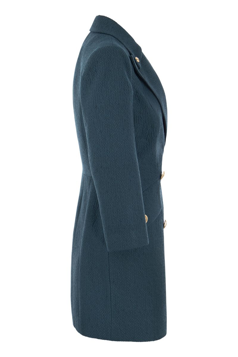Blue Textured Double-Breasted Robe-Manteau for Women