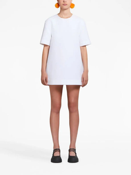 MARNI White Cotton Mini Dress with Short Sleeves and Back Zipper
