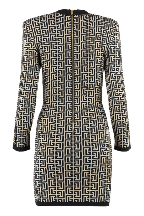 BALMAIN Black Wool-Blend Dress with Structured Shoulders and Ribbed Edges