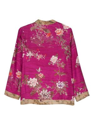 Áo khoác lụa hoa hồng tươi màu hồng Fuchsia cho nữ - Thiết kế đổi mặt cổ V không cổ