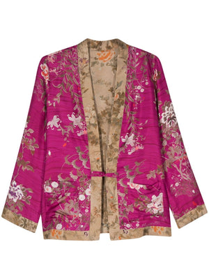 Fuchsia Floral Silk Jacket for Women - Reversible V-Neck Collarless Outerwear
