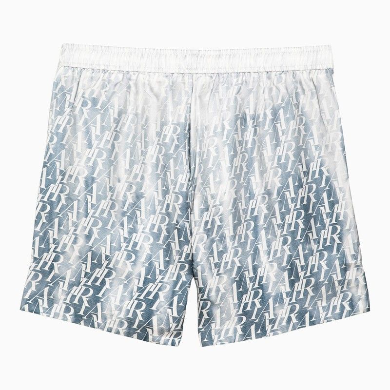 Light Blue Silk Bermuda Shorts with All Over Lettering Print for Men