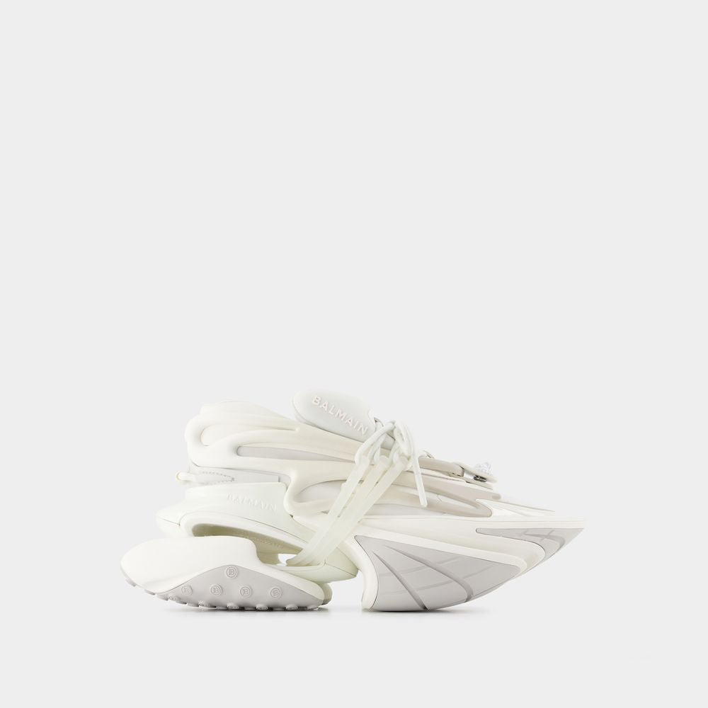 BALMAIN SS23 White Neoprene and Calfskin Unicorn Sneakers for Women