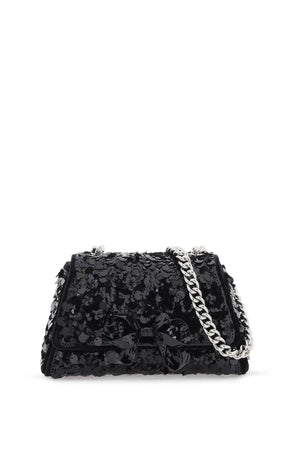 SELF-PORTRAIT Black Velvet Mini Shoulder Bag with Sequin Embellishment and Metal Bow
