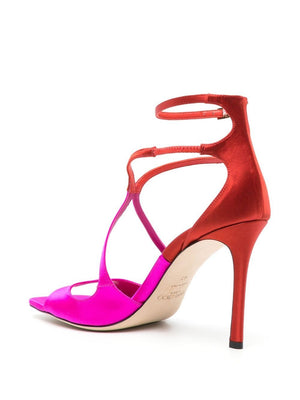 2024春夏季女士桃红色和红色拼接缎面凉鞋 - 方形露趾及细高跟
