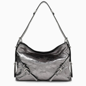 GIVENCHY Silver Laminated Leather Medium Shoulder Bag with Metallic Accents and Adjustable Strap