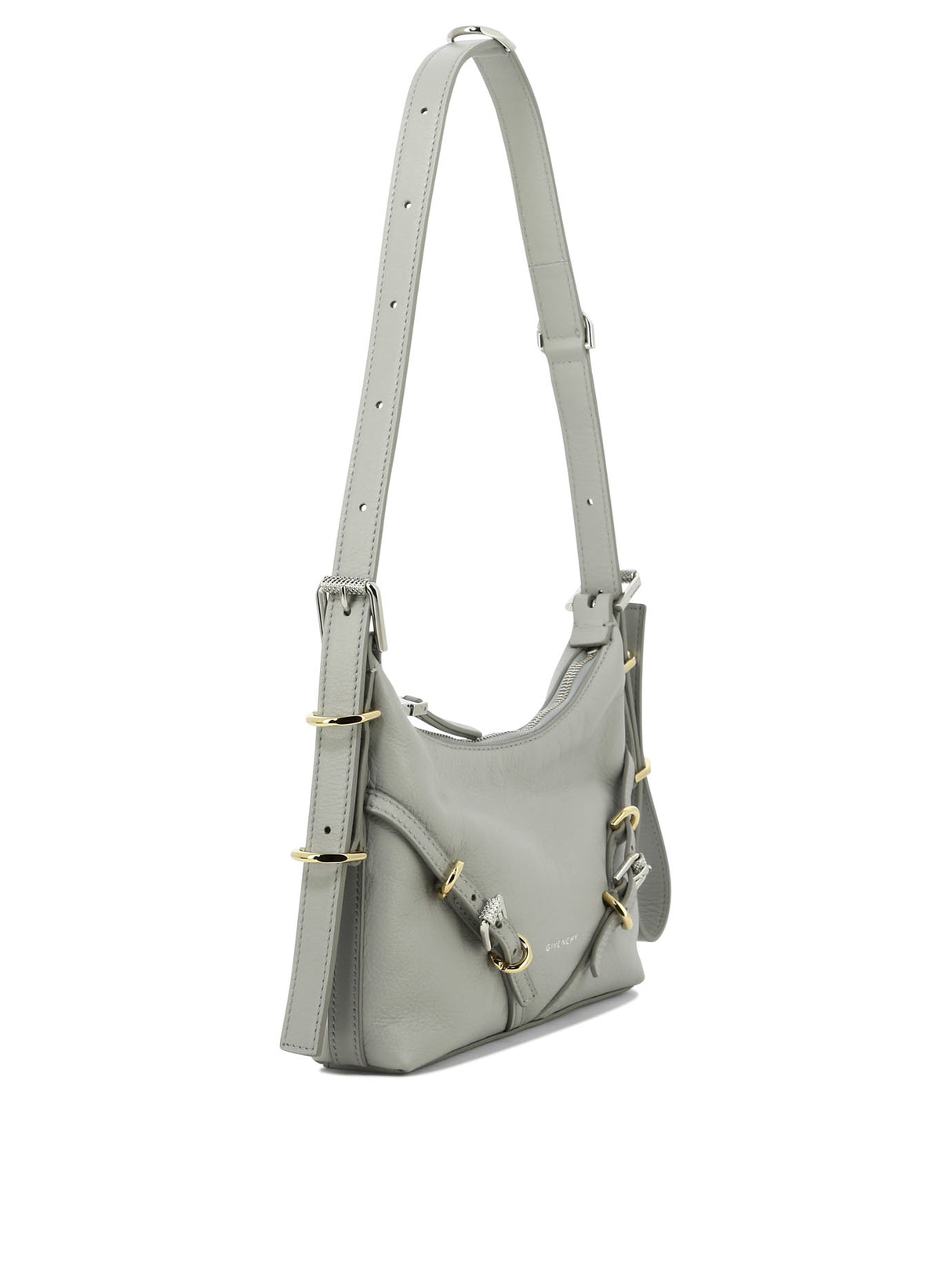 GIVENCHY "Mini Voyager" Gray Leather Crossbody Bag with Adjustable Strap and Metallic Accents