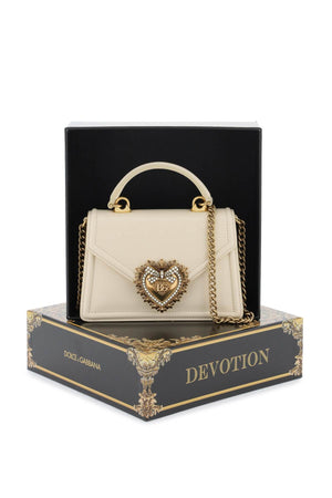 DOLCE & GABBANA Devotion Small White Leather Handbag with Pearl-Embellished Heart and Chain Strap