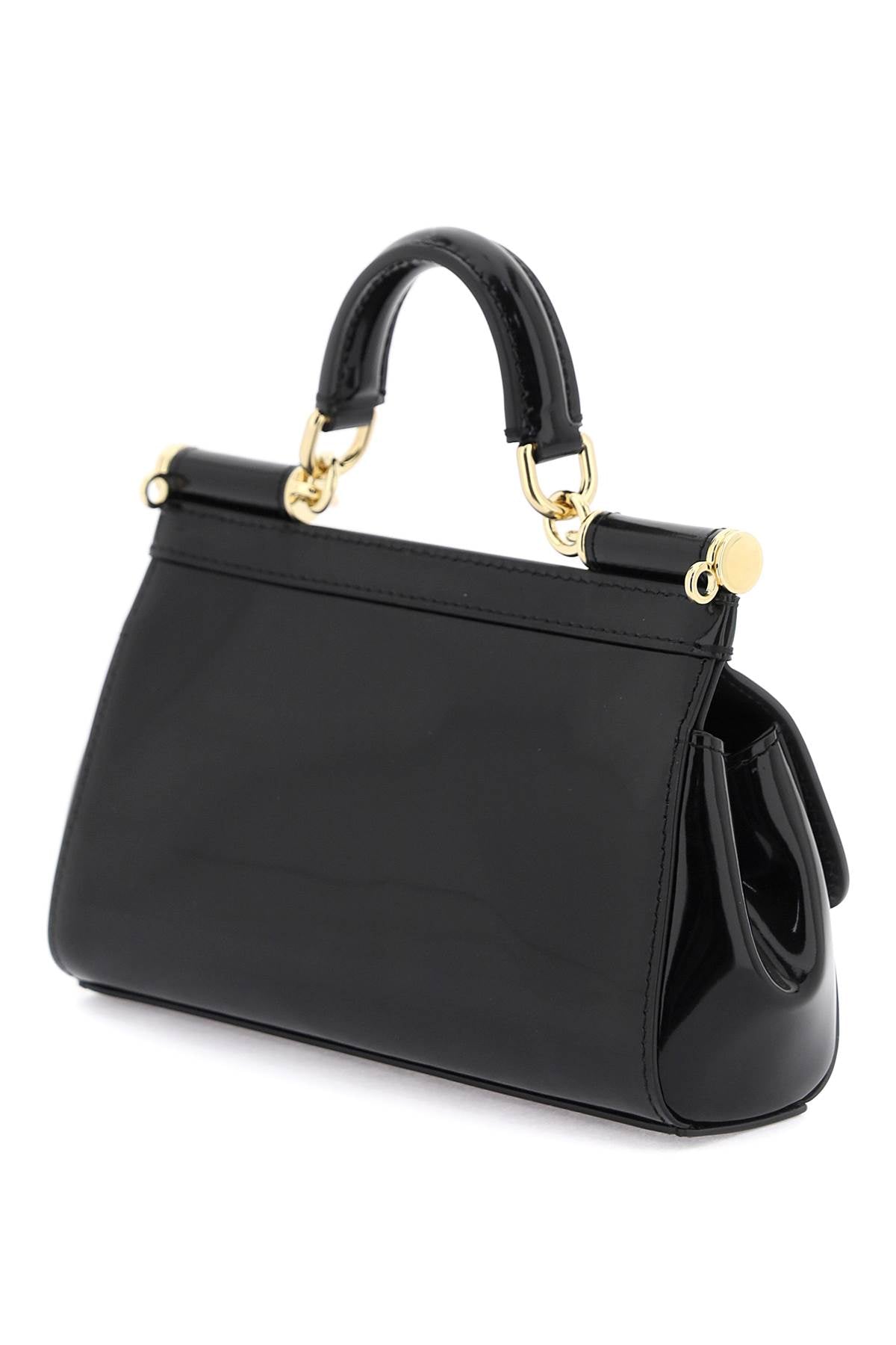 DOLCE & GABBANA Mini Sicily Patent Leather Handbag with Leopard Lining and Adjustable Strap - Black