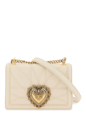 DOLCE & GABBANA Medium Devotion Quilted Nappa Leather Crossbody Handbag with Pearl Embellished Heart - White