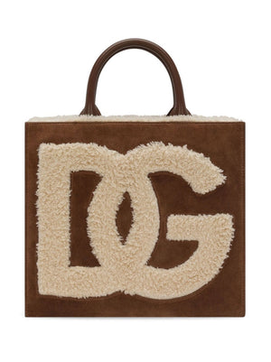DOLCE & GABBANA Chic Beige Suede Mini Tote with Shearling Detail and Embroidered Logo