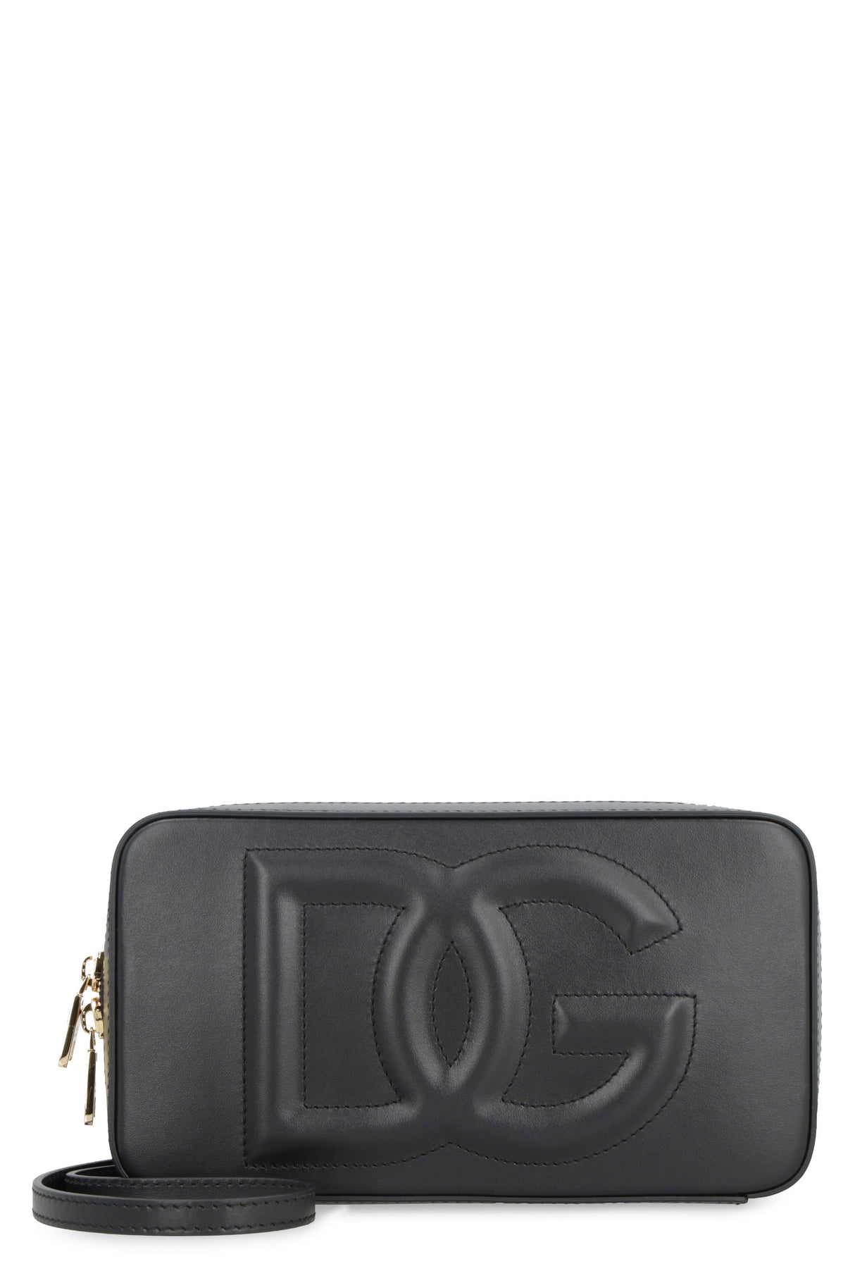 Black Leather Camera Handbag with Embossed Logo and Detachable Strap
