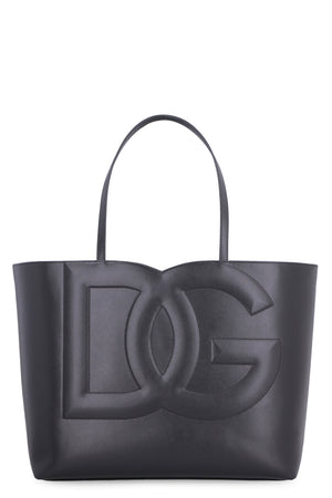 DOLCE & GABBANA  DG LOGO BLACK LEATHER MEDIUM Tote Handbag Handbag
