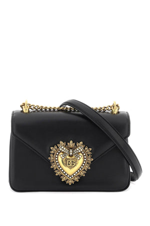 DOLCE & GABBANA Black Leather Shoulder Bag with Handmade Sacred Heart and Decorative Pearls