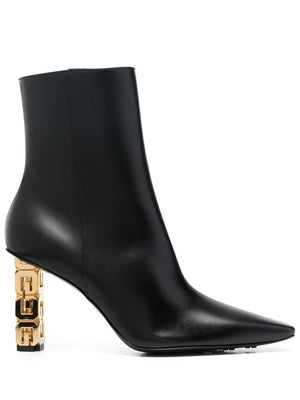 Stylish Black Botin Heeled Boots with Gold Monogram for Women - FW23