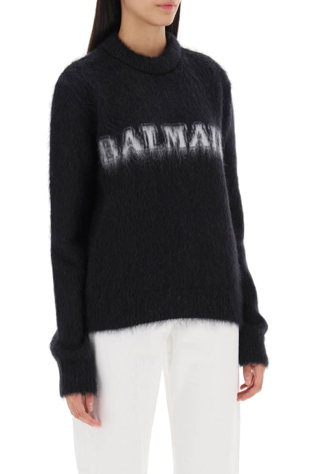 BALMAIN Brushed-Yarn Sweater with Jacquard Logo Lettering
