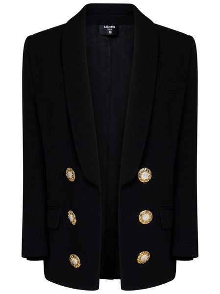 BALMAIN Black Wool Crepe Open Jacket with Scarf Lapels for Women