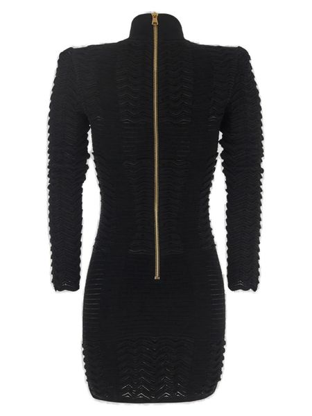 Black Texturized Knit Mini Dress with Turtleneck and Embossed Herringbone Motif