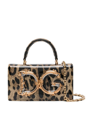 DOLCE & GABBANA DG Girls Leopard-Print Crossbody Handbag in Brown Patent Leather - FW23