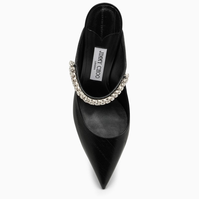 JIMMY CHOO Black Leather Crystal Strap Sabot with Pointed Design and Slim Heel