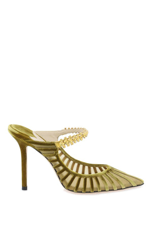 JIMMY CHOO Striped Flocked Mesh Sandals with Embedded Crystals and Covered Heel